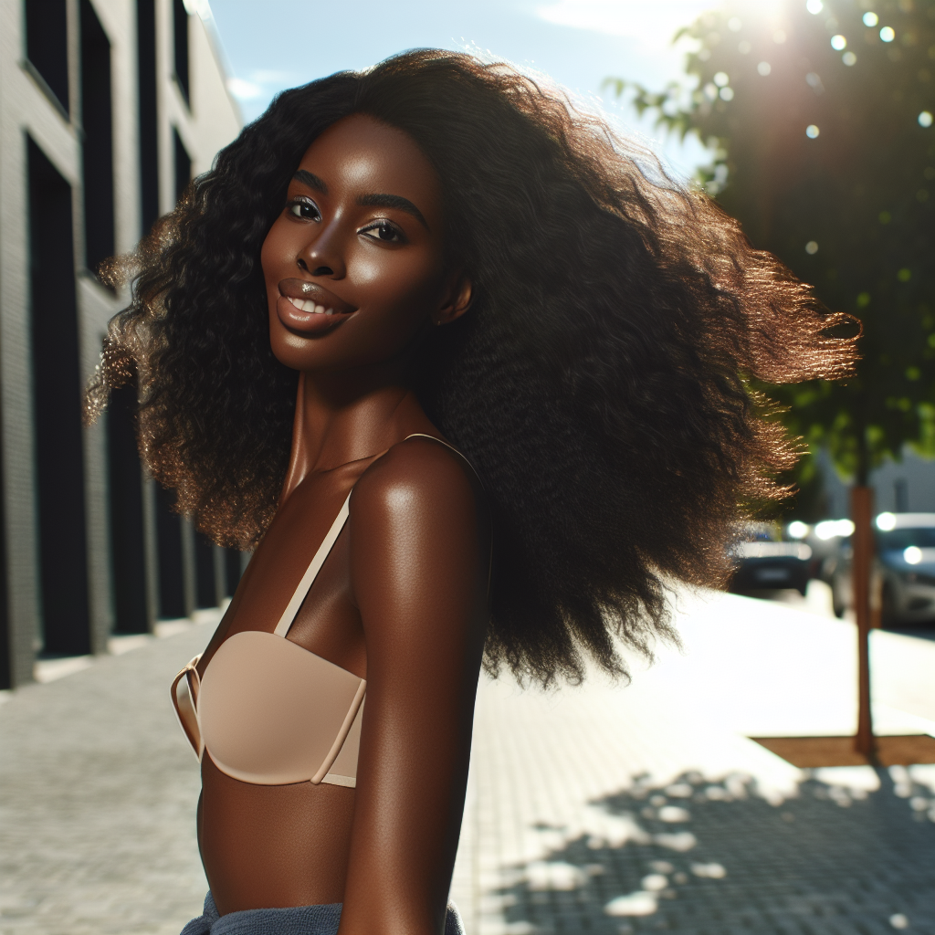 A woman with shiny, smooth, and healthy hair walking confidently outdoors under sunlight, showcasing the benefits of leave-in conditioners with natural shine, UV protection, and smooth texture.