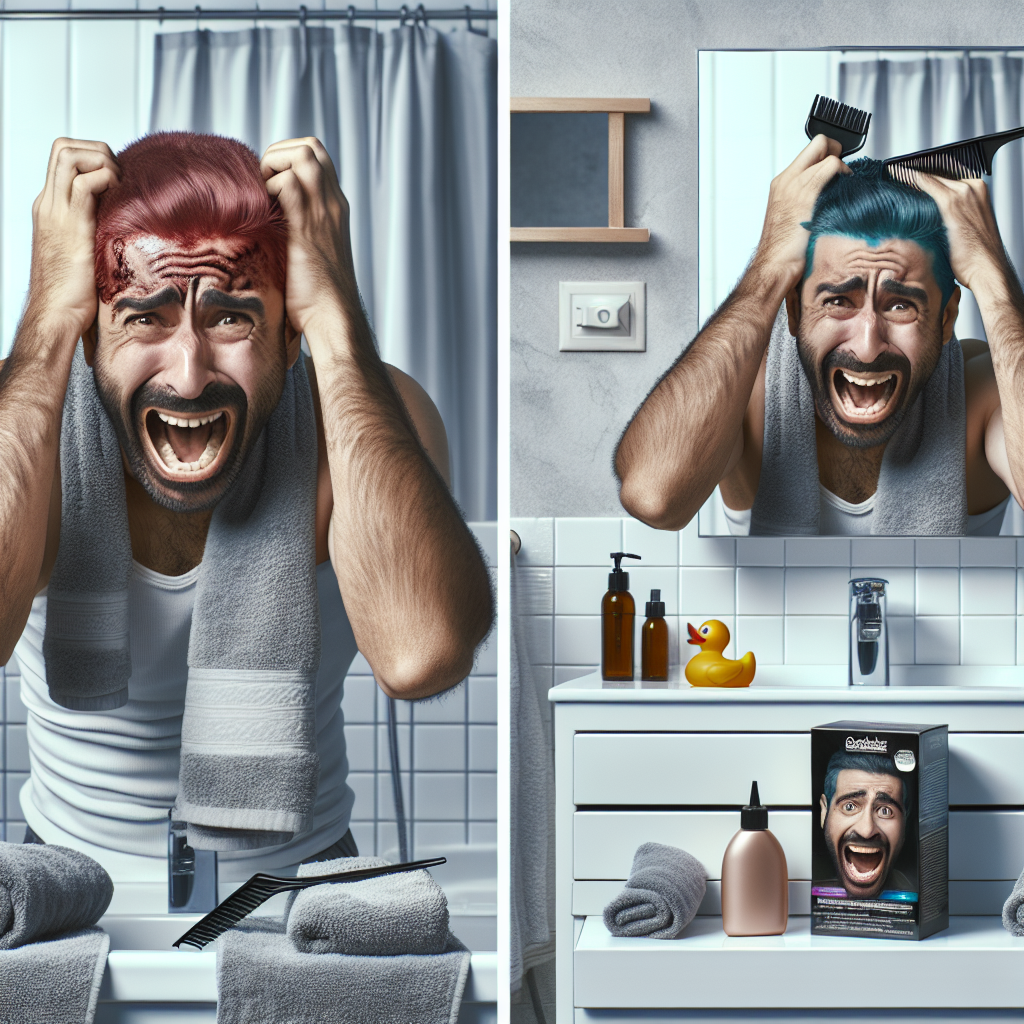 A before-and-after scenario showing a person with an irritated, red scalp due to dye allergy contrasted with the same person happily enjoying a successful, irritation-free hair dye after proper allergy testing.