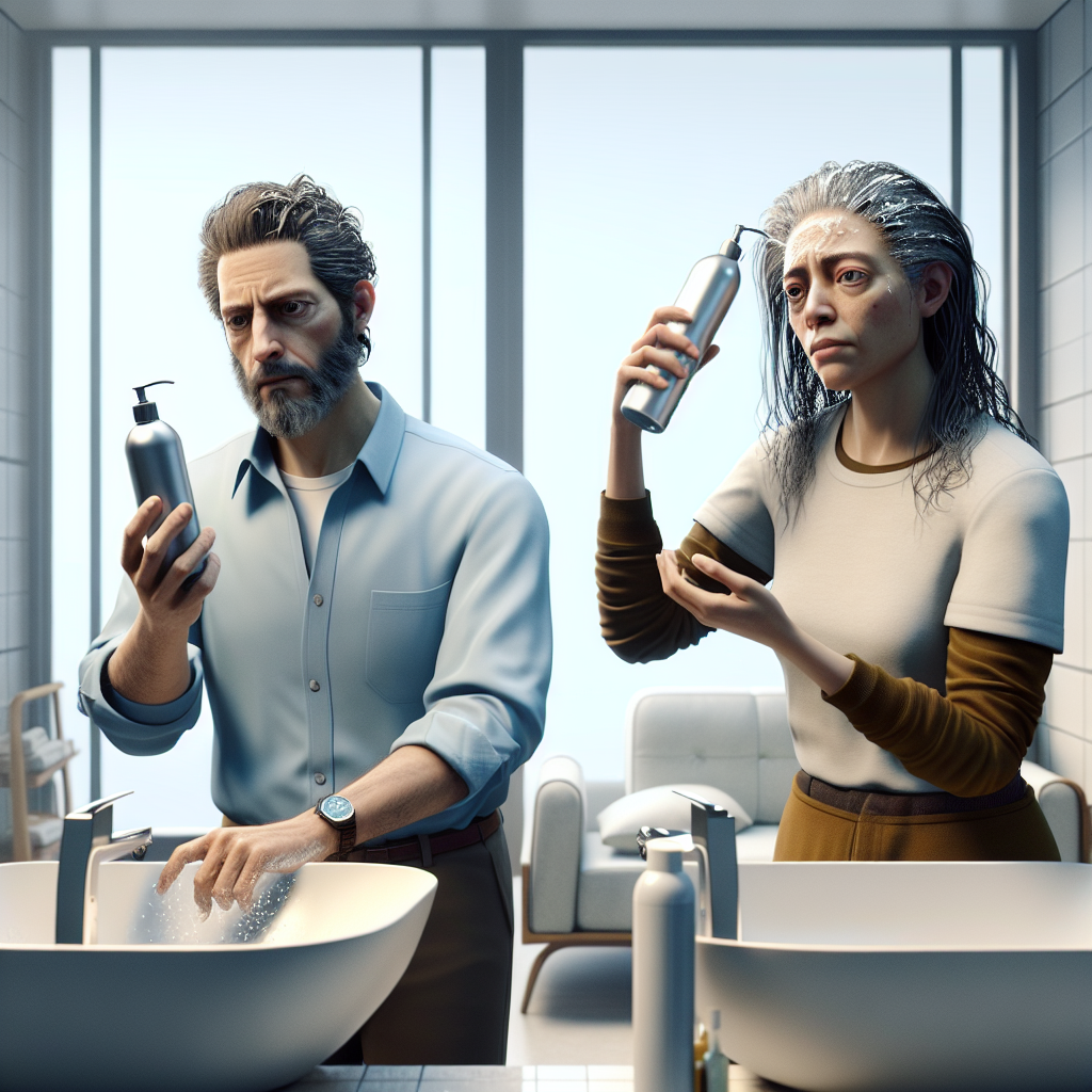 A busy modern person in a bathroom looking tired, quickly applying leave-in hair conditioner after washing hair, emphasizing convenience and time-saving.
